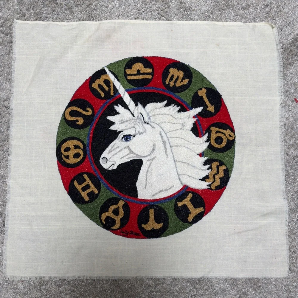 VTG 1981 Crewel Punch Needle Zodiac Unicorn Art OS Cream Astrology Celestial